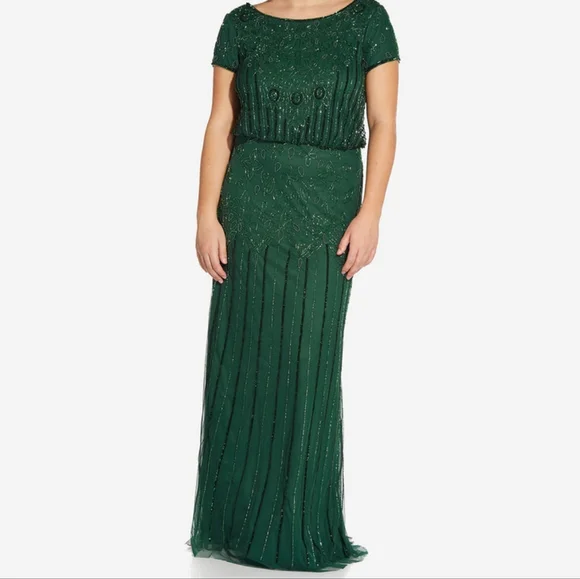 Adrianna Papell Womens Green Embellished Short Sleeve Jewel Neck Maxi Sheath Formal Dress Size 14